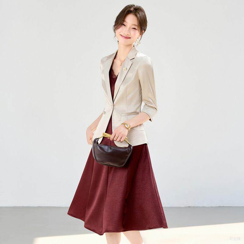 高级感醋酸缎面职业七分袖西装套装女春夏连衣裙气质时尚收腰通勤