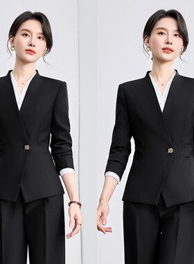 黑色职业西装套装女V领收腰秋