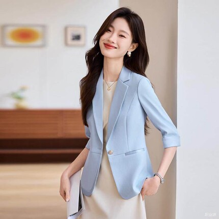 轻奢浅蓝色七分袖小西装外套女春夏季配连衣裙两件套上衣纯色修身
