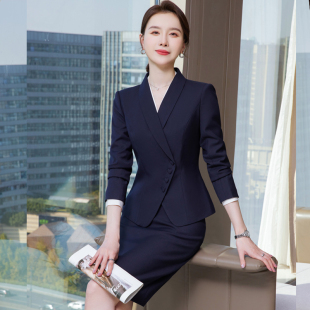 工作服女职业气质春秋西装套装蓝色高端酒店前台三件套小个子正装
