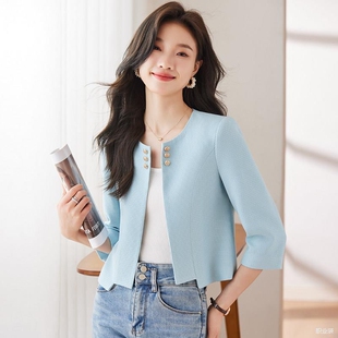 蓝色小香风短外套女小个子春夏中国风修身气质休闲七分袖西装套装