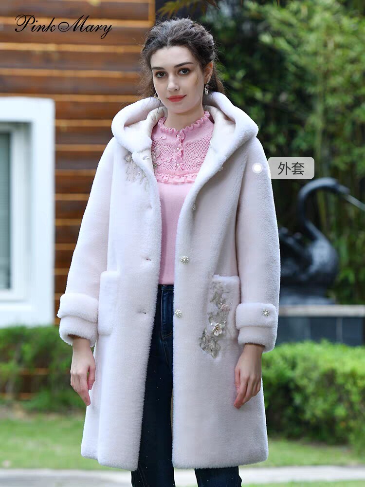 PMANW7307-82/5580粉红玛琍皮草女2024秋冬新款简约时尚刺绣长款