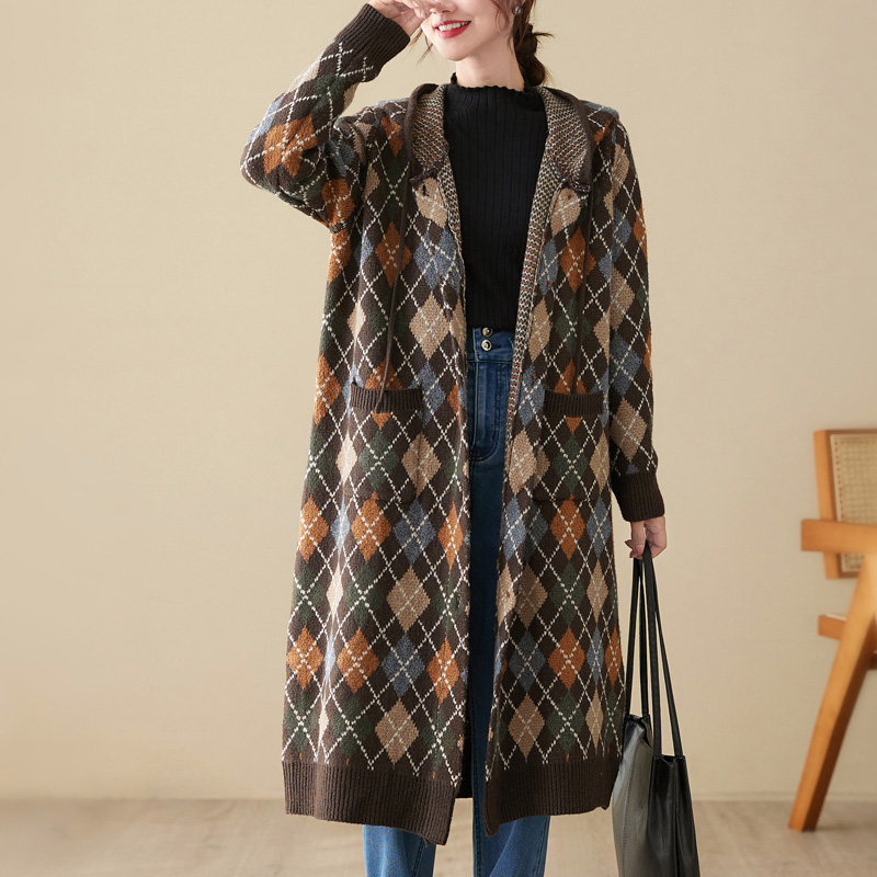 连帽文艺直筒棉线菱形格毛衣外套