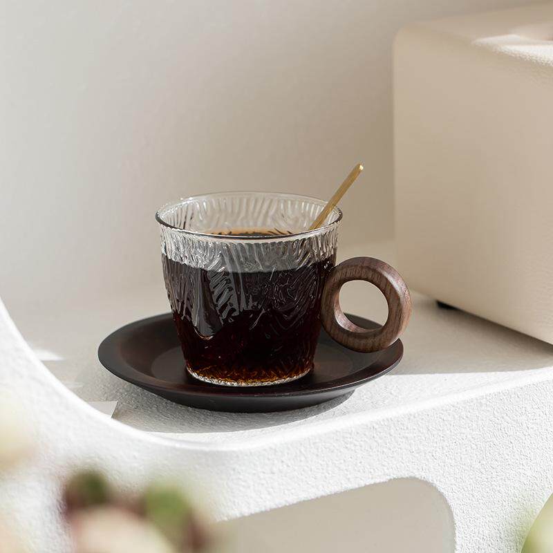西米集市日本月夜野工房手工硝子耐热玻璃杯咖啡杯碟茶水杯胡桃木