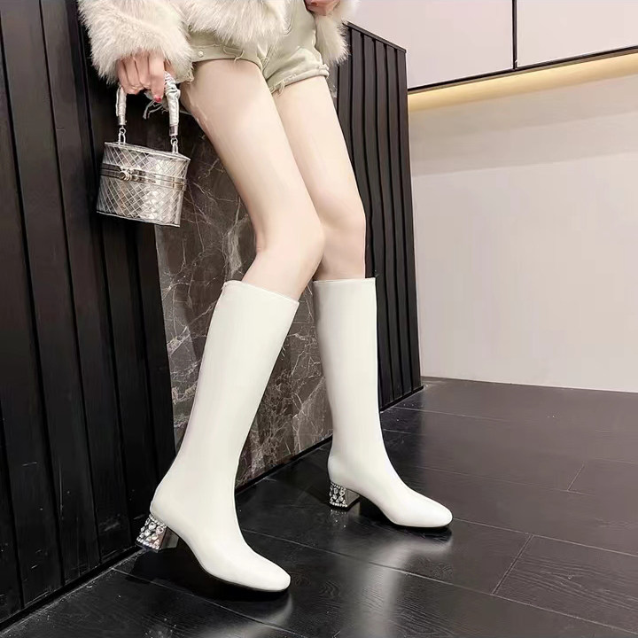2025年新款秋冬季水钻长靴女高跟粗跟高筒靴时尚韩版甜美长筒靴子,女鞋,时装靴,淘宝优惠券,粉丝福利购,淘宝优惠卷