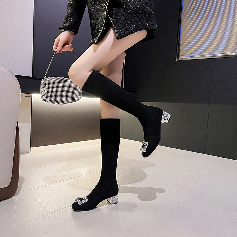 百翎粗跟瘦瘦靴圆头水钻长筒靴