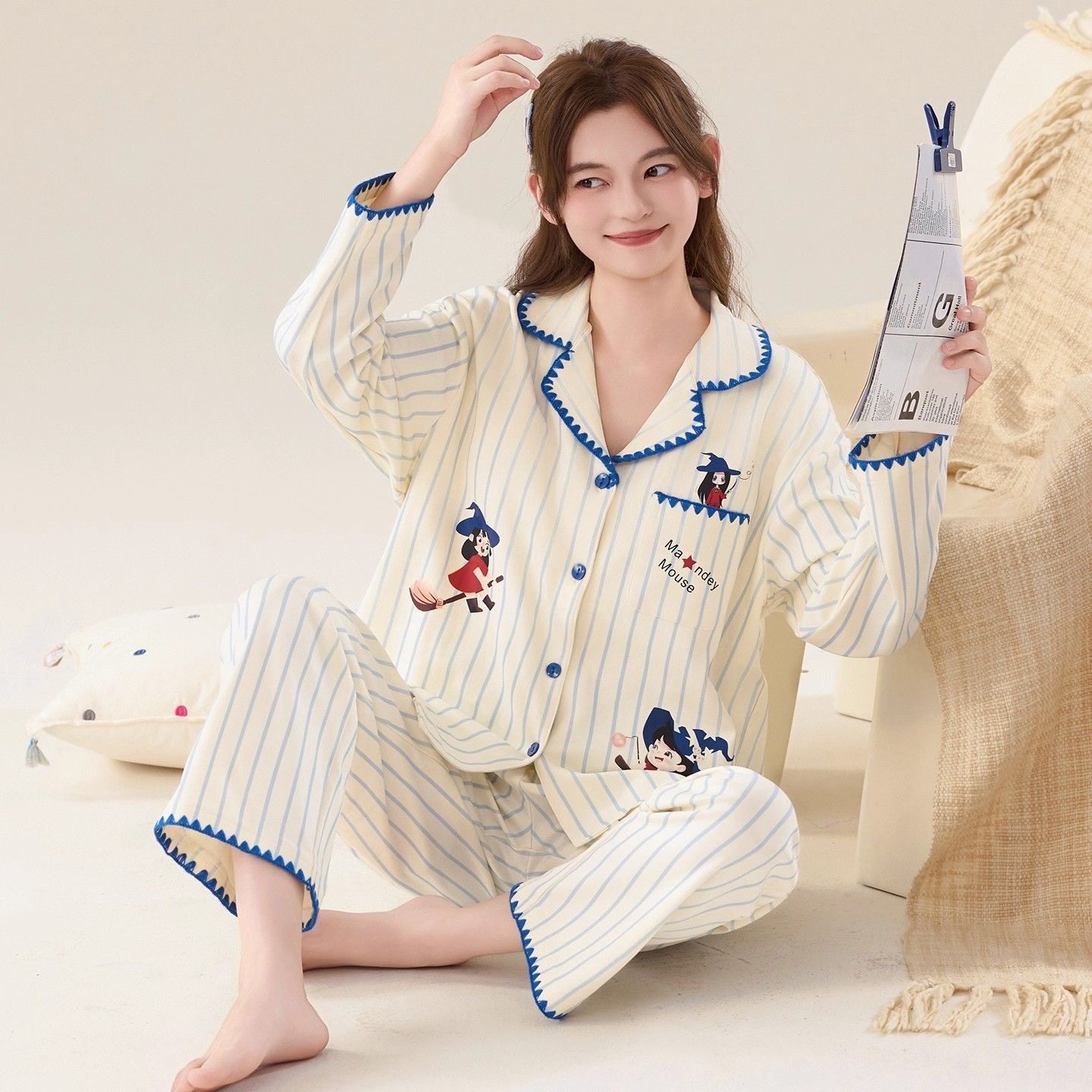 德绒睡衣女春秋季长袖开衫可爱卡通可外穿女士家居服套装