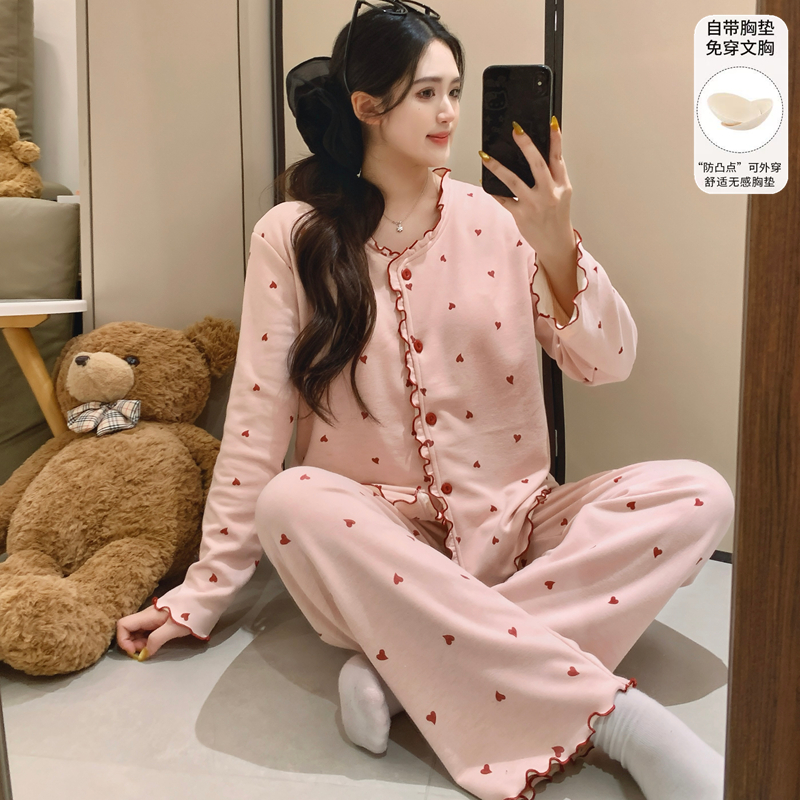 带胸垫粉桃心睡衣女春秋冬季磨羊绒绒加厚长袖套装甜美开衫家居服