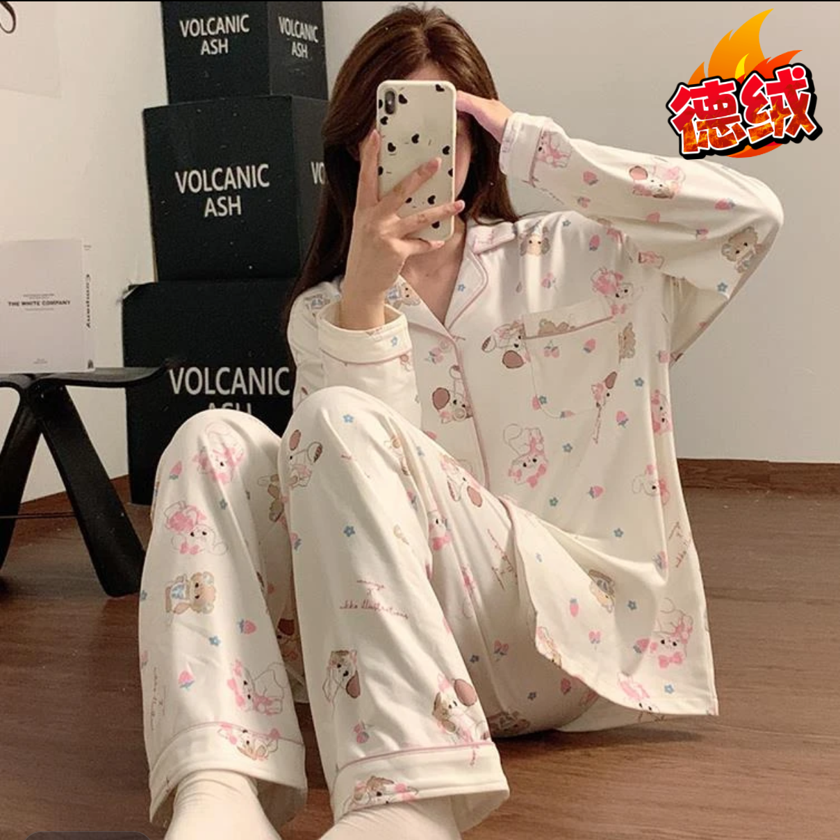 冬季款女士双长开衫翻领创意卡通印花睡衣舒适柔软德绒