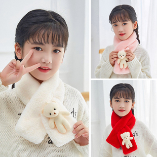 女童秋冬防风保暖围脖小姑娘毛绒交叉围巾奶白色卡通小熊套头加厚