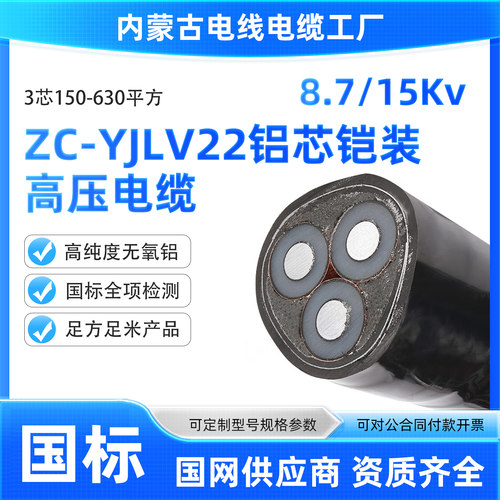 内蒙YJLV22-1*150-630平方8.7/15KV国标铝芯3芯高压10KV铠装电缆