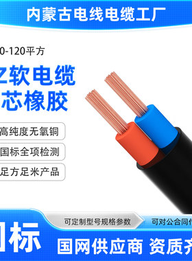 内蒙古电线电缆YZ-2*10-120平方铜芯橡胶软电线2芯户外电源线 1米