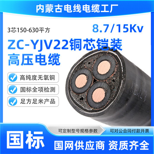内蒙古YJV22-3*150-630平方8.7/15KV国标铜芯3芯高压10KV铠装电缆