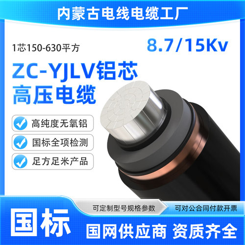 内蒙古ZC-YJLV 1*150-630平方8.7/15KV国标铝芯1芯高压10KV电缆