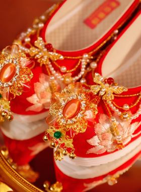 佳期如梦 中式婚鞋原创秀禾婚鞋内增高绣花鞋手工红色汉服婚鞋女
