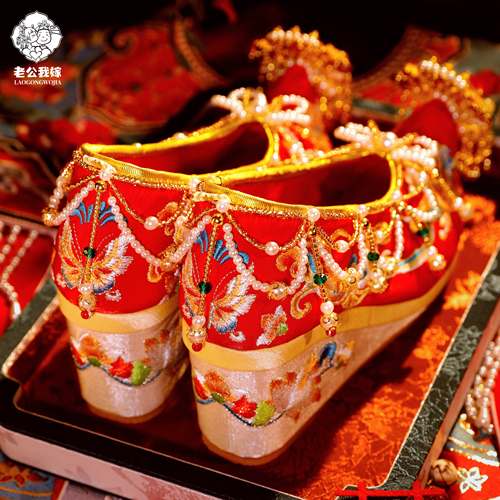 原创红色秀禾婚鞋坡跟9cm女古风中式婚鞋凤凰明制汉服婚鞋增高
