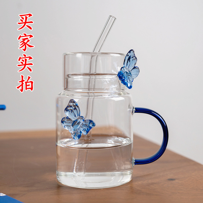 加厚耐高温ins风蝴蝶玻璃杯带盖