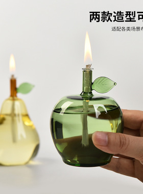 田园水果创意绿色苹果玻璃烛台油灯 家居实用装饰摆件 拍摄道具