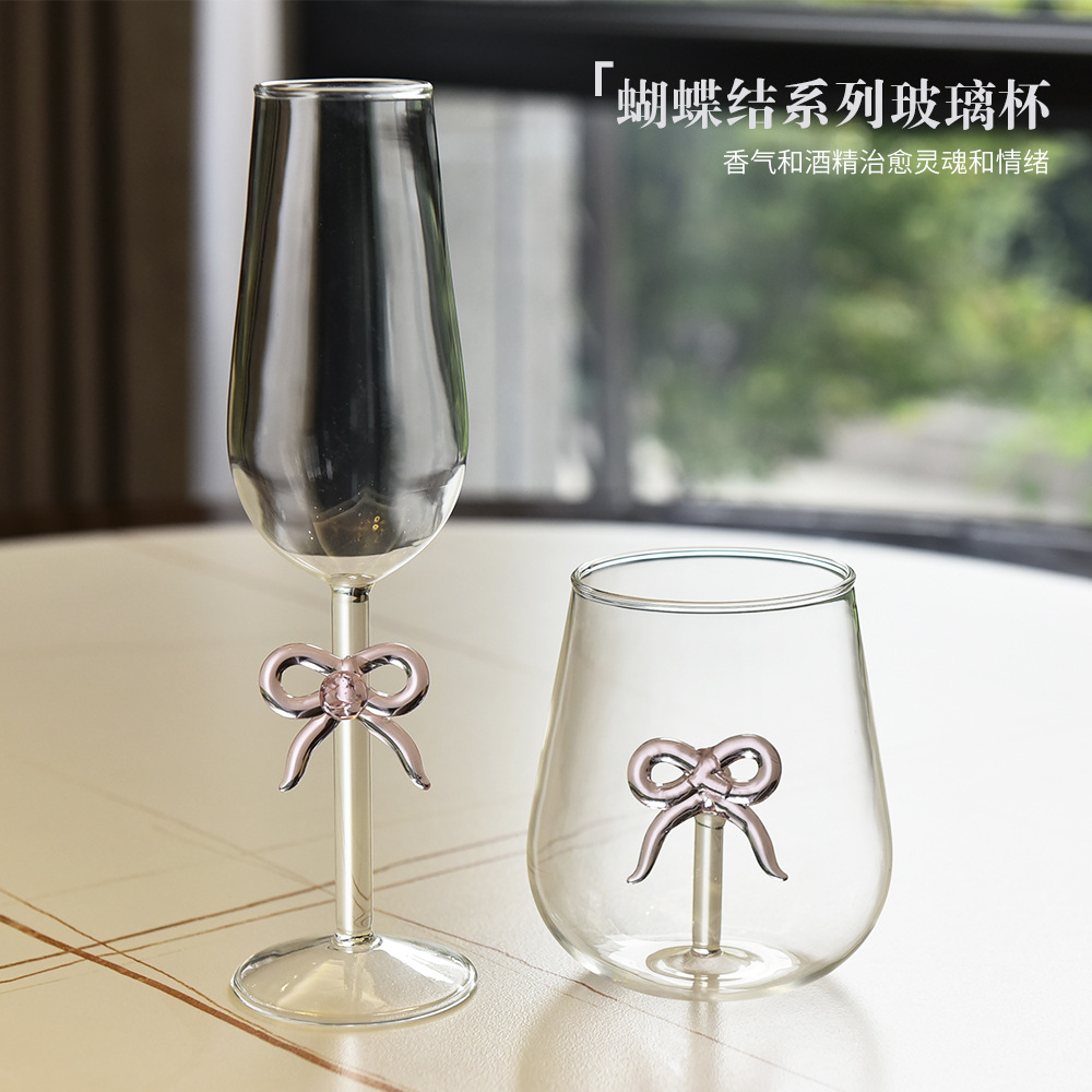 小清新可爱蝴蝶结香槟酒杯 家用高脚红酒杯鸡尾酒杯复古甜酒杯子