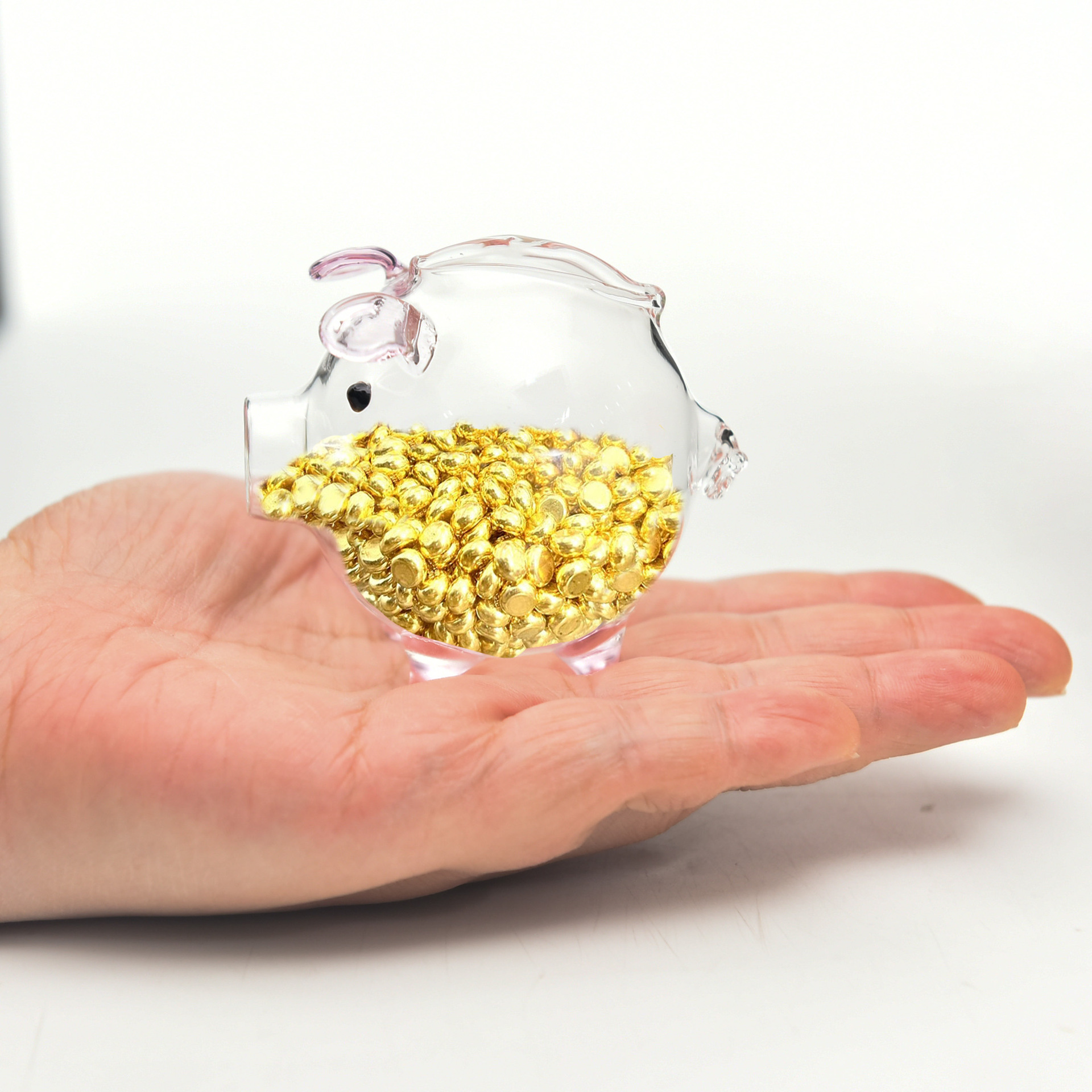 创意透明玻璃小猪储蓄存钱罐 金币金豆豆子收纳罐 实用攒钱罐子