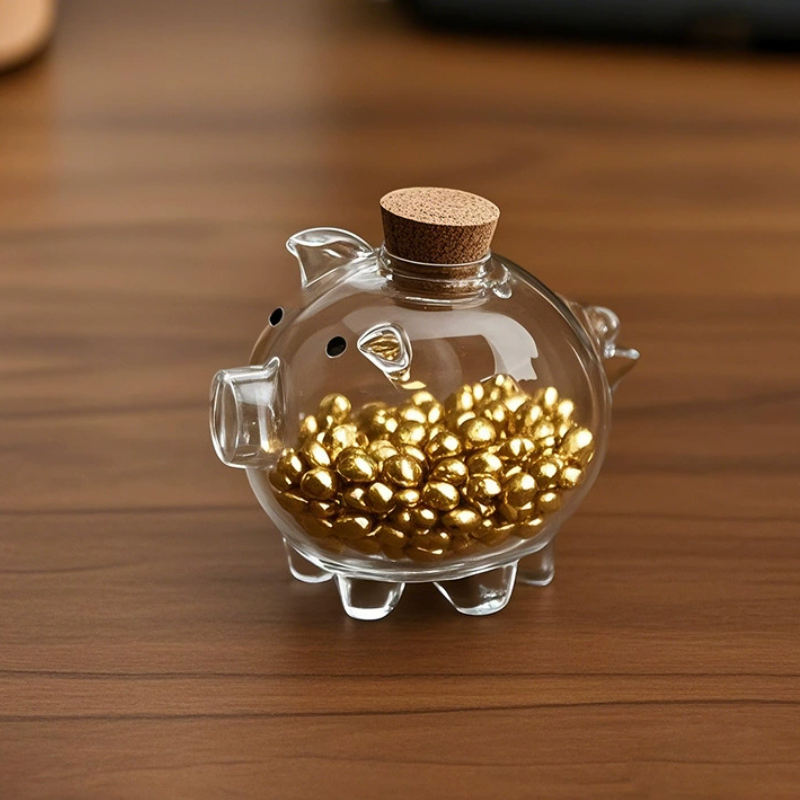 创意透明玻璃小猪储蓄罐 卡通猪迷你金豆豆子收纳罐 攒金子迷你猪