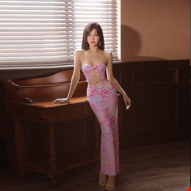 洛丽卡欧美新款泳衣女2025年长裙印花抹胸显瘦三件套分体度假泳装