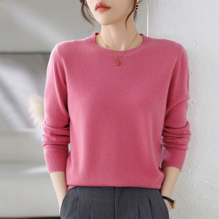 纯羊毛打底衫女新款纯色圆领中年妈妈针织衫秋冬季加厚毛衣