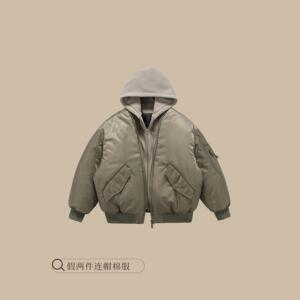 GEJONES美式复古飞行员夹克棉服冬季加厚男女假两件连帽棉衣外套