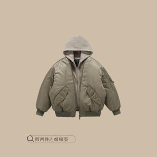 GEJONES美式复古飞行员夹克棉服冬季加厚男女假两件连帽棉衣外套
