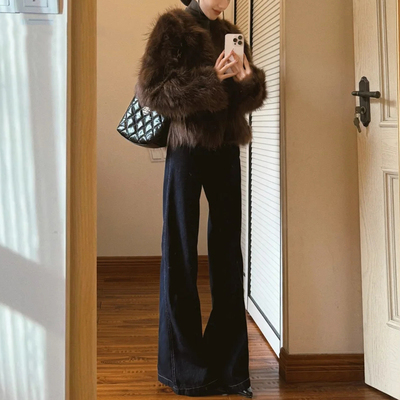 深蓝色微喇加绒牛仔裤女2025秋冬