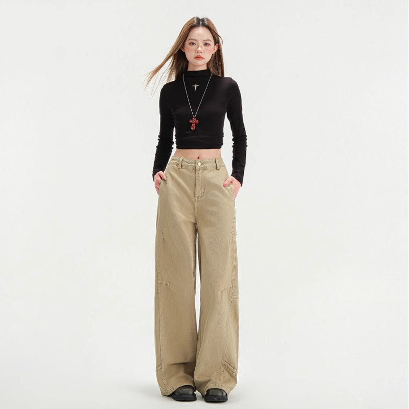 卡其色阔腿牛仔裤女2025