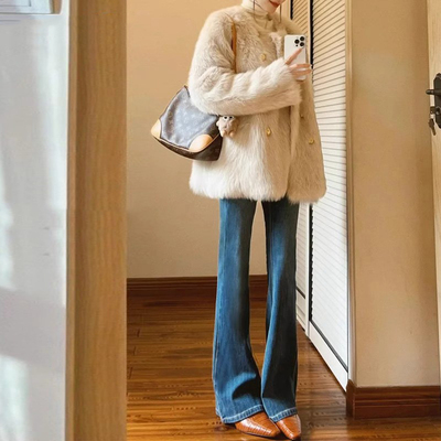 微喇牛仔裤女2025秋冬加绒美式复古高腰弹力显瘦小个子马蹄喇叭裤