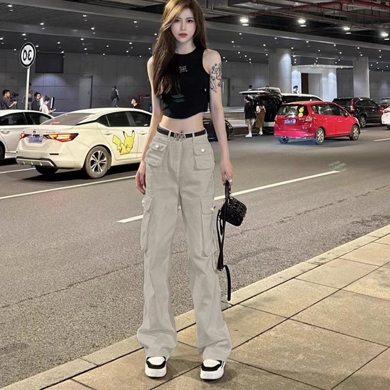 美式白色工装裤女秋季直筒宽松阔腿高腰显瘦休闲百搭时尚牛仔裤子