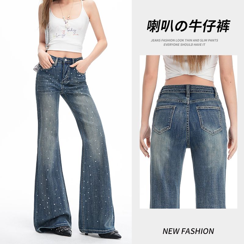 满天星烫钻微喇牛仔裤女喇叭裤图片