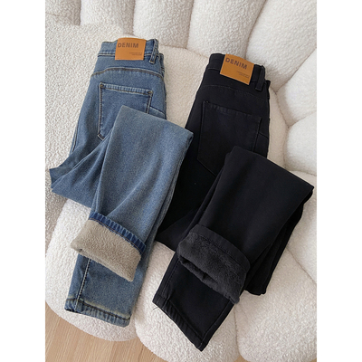 复古蓝加绒加厚小脚牛仔裤女