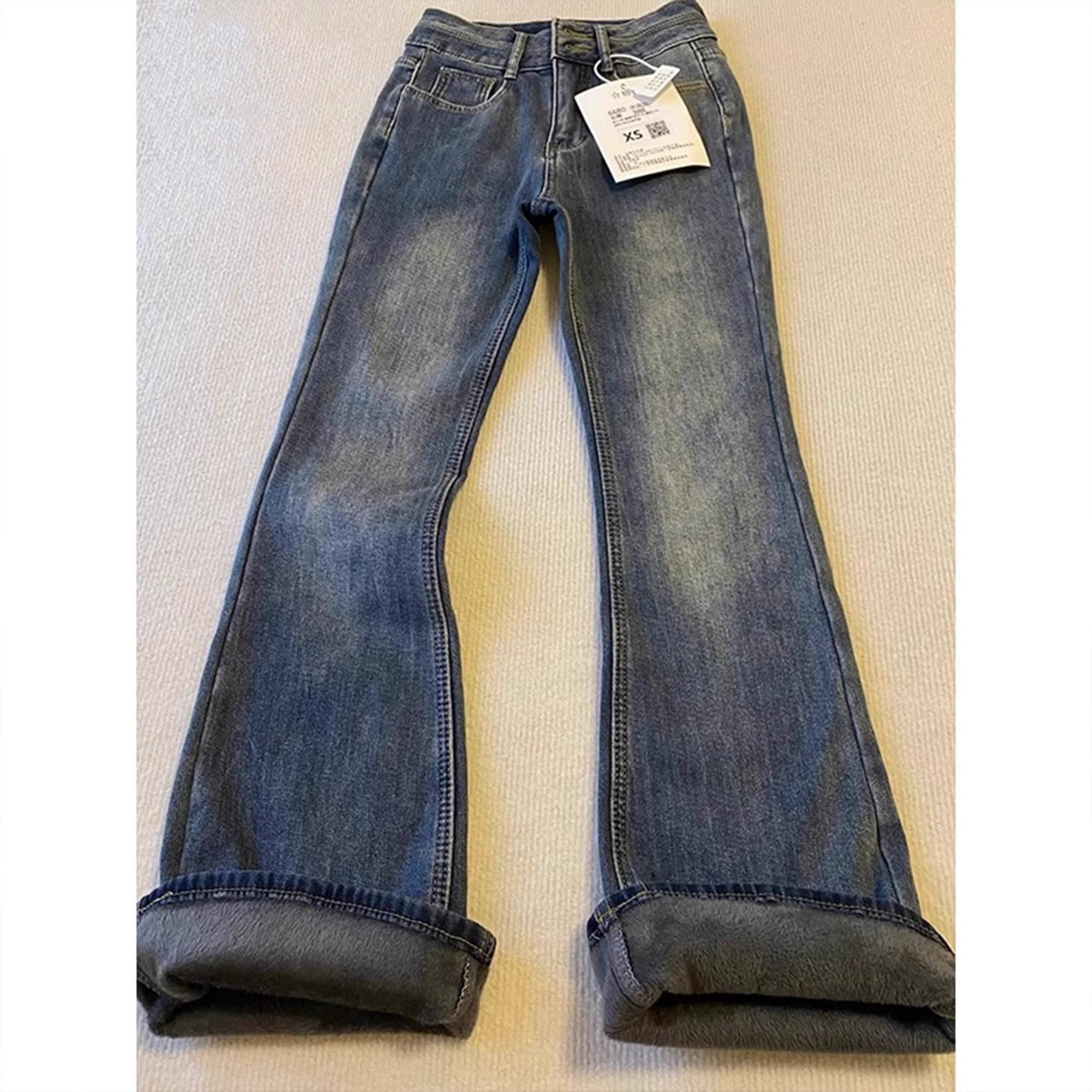 加绒水泥灰高腰微喇牛仔裤女