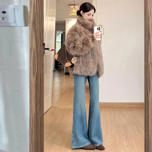 复古加绒微喇牛仔裤女秋冬2025年新款高腰显瘦不贴腿小个子喇叭裤