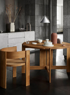 设计师款原木纯实木北欧艺术感侘寂餐厅民宿中古风圆桌咖啡桌餐桌