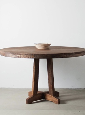 小众设计师款原木纯实木侘寂风榆木咖啡民宿圆餐桌摆台中古风圆桌