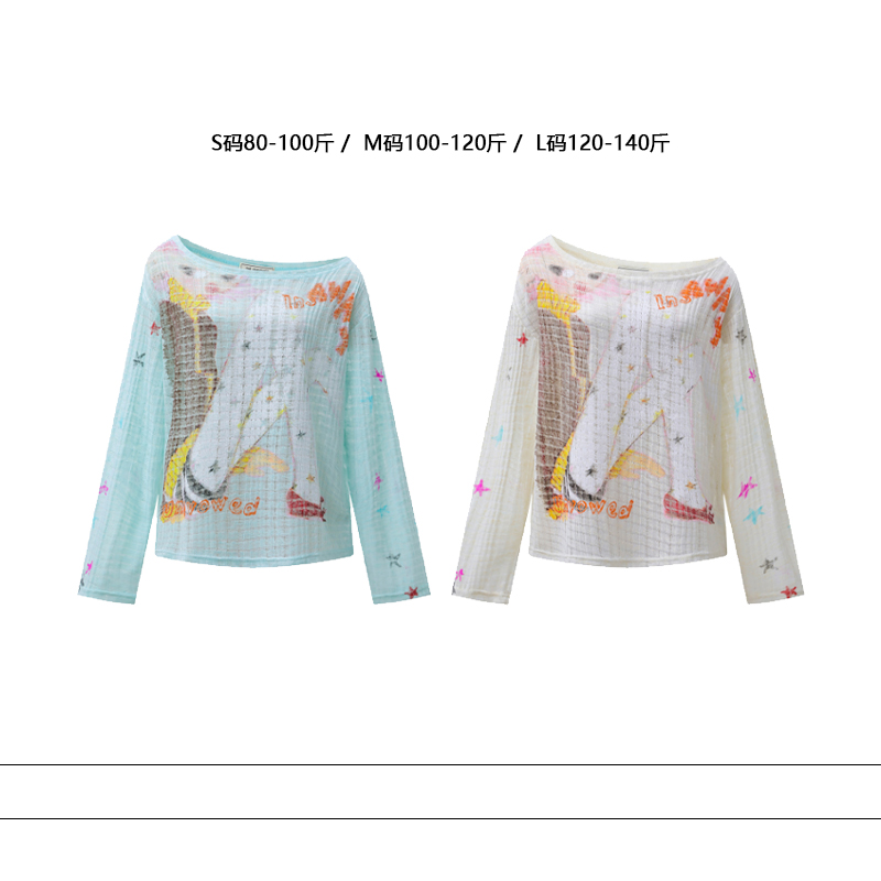 从未定义 美式卡通涂鸦印花斜肩上衣彩色多巴胺星星薄款长袖罩衫