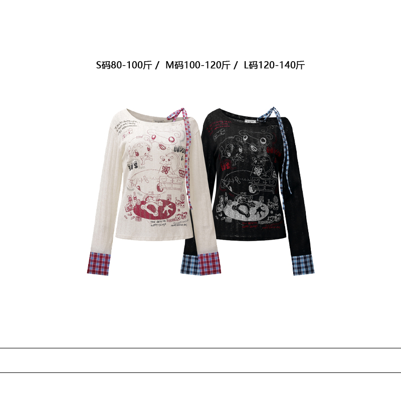 从未定义 美式卡通印花设计感长袖T恤女格子拼接宽松百搭斜领上衣