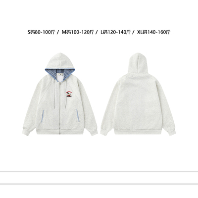 从未定义 简约休闲小马刺绣连帽长袖卫衣潮流宽松格子开衫外套