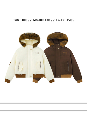 从未定义 秋冬简约休闲大毛领棉服女街头复古保暖加厚宽松派克服