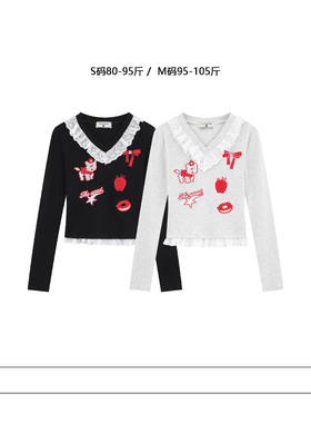 从未定义 辣妹卡通刺绣v领长袖T恤女白色花边拼接小众百搭上衣