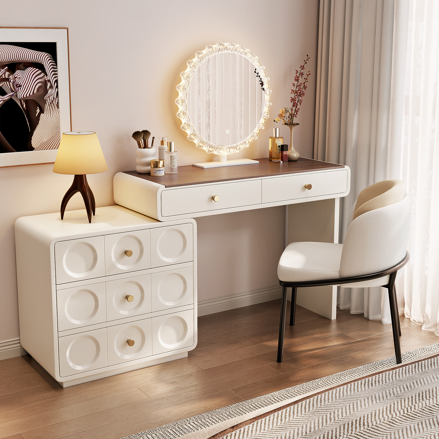中古奶油风梳妆台床尾斗柜一体书桌实木卧室现代简约化妆桌焕新补
