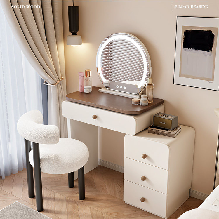 新款奶油风化妆桌卧室现代简约化妆台实木收纳一体柜梳妆台焕新补