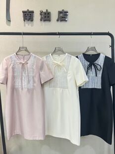 小码外贸出口2026新款女士圆领蝴蝶结短袖真丝丝毛连衣裙