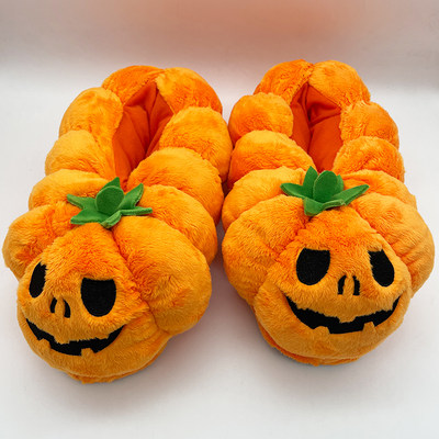 现货跨境亚马逊爆品Halloween Pumpkin Slippers居家南瓜毛绒拖鞋