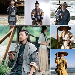 棉麻古装衣服老夫子农民表演服装春秋战国影视演出服男士樵夫渔夫