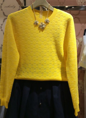2020春季圆领黄色高腰套头毛衣女针织衫超短款薄款小宽松打底衫